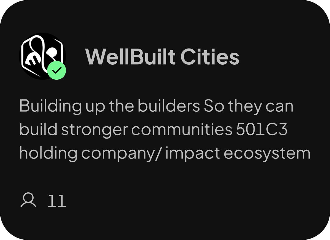 WellBuilt Cities is now a verified network in build_cities✅

<a href="/TheWell813/">WellBuiltCity.eth</a> is a collection of initiatives focused in Tampa, Florida to make residents and neighbors feel more at home in their city.

The WellBuilt initiatives span across four major categories: