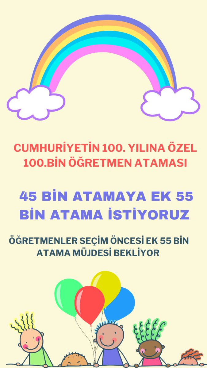 Yaklaşan kritik seçim öncesinde siyasi parti liderleri her fırsatta 100 bin atamayı dile getiriyor. 
100 bin atama şu an ülke gündemine oturmuş durumda. 
Seçim öncesi verilecek ilave 55 bin atama ile Eylül ayında okullarımızda olmak istiyoruz.
<a href="/RTErdogan/">Recep Tayyip Erdoğan</a> #Mevlam55BinÖğretmenEyler