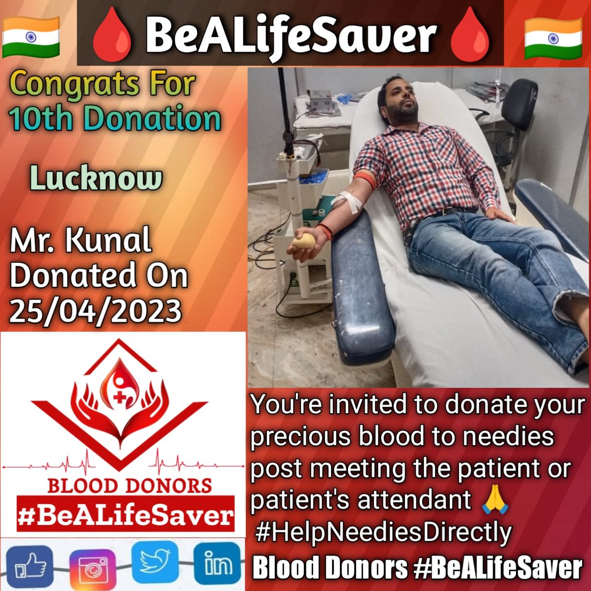 BeALifeSaver1's tweet photo. #Lucknow #BeALifeSaver
#Kudos_Mr_Kunal_Ji
#HelpNeediesDirectly

Today's hero
Mr. #Kunal Ji donated blood in #Lucknow for the #10thTime for one of the needies. #Heartfelt #Gratitude and #Respect to Kunal Ji for his blood donation for Patient admitted in Lucknow. https://t.co/2ryWZwAeHB