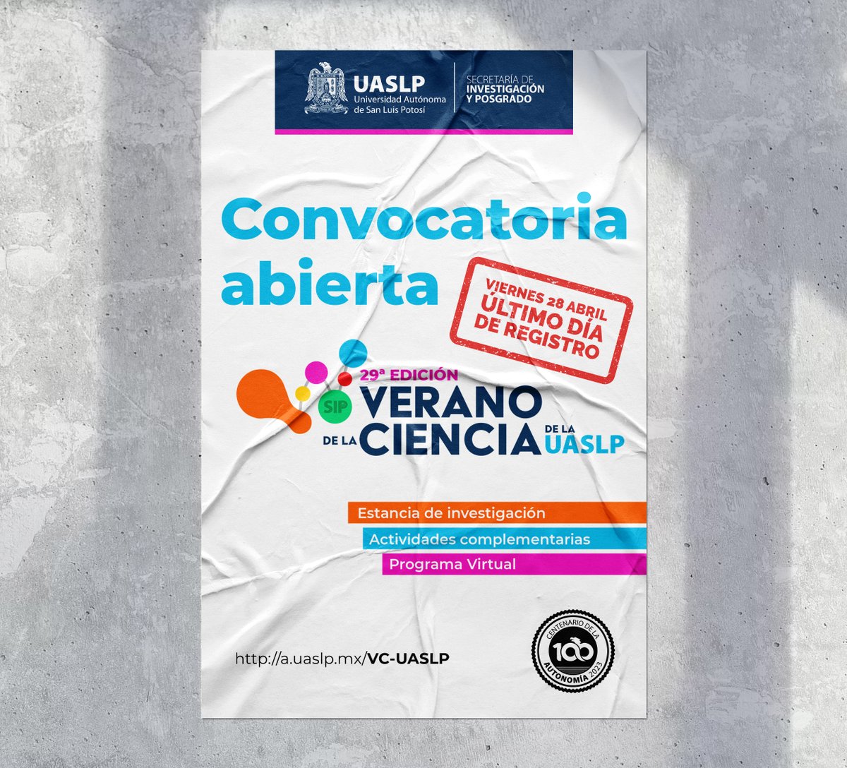 SIP_UASLP's tweet photo. 📢 Viernes 28 de abril último día para el registro para participar en el 29º Verano de la Ciencia
@LaUASLP
Más información: https://t.co/CgcKhlt5XN #UASLP #SIPUASLP #VCUASLP https://t.co/sK7Xth0Gcq