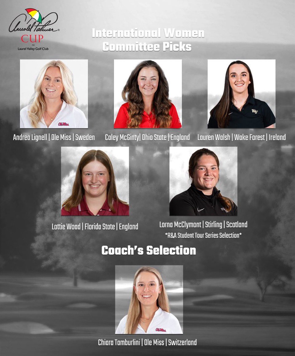 Amateur Golf Bible (@golfbible) on Twitter photo There will be five GB&I women on the <a href="/ArnoldPalmerCup/">Arnold Palmer Cup</a> International team. Well done to <a href="/heathcharlotte9/">Cᴴᴬ ᴿᴸᴼᵀᵀᴱ Hᴱᴬᵀᴴ</a>, <a href="/Lm1Lorn/">Lorna McClymont</a>, <a href="/caleygmcginty/">Caley McGinty</a>, <a href="/llaurenwalsh/">Lauren Walsh</a> and <a href="/LottieWoad/">Lottie Woad</a> on their selections. There will be five GB&I women on the <a href="/ArnoldPalmerCup/">Arnold Palmer Cup</a> International team. Well done to <a href="/heathcharlotte9/">Cᴴᴬ ᴿᴸᴼᵀᵀᴱ Hᴱᴬᵀᴴ</a>, <a href="/Lm1Lorn/">Lorna McClymont</a>, <a href="/caleygmcginty/">Caley McGinty</a>, <a href="/llaurenwalsh/">Lauren Walsh</a> and <a href="/LottieWoad/">Lottie Woad</a> on their selections.