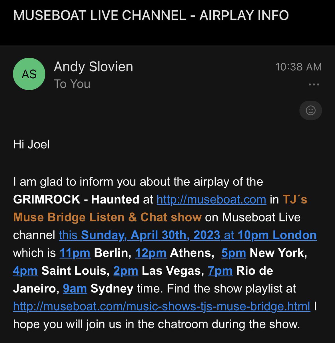 More and more email coming in! Thank you @museboatlive / TJ's MuseBridge on Museboat Live for spinning Haunted! See you Sunday! Rock on!