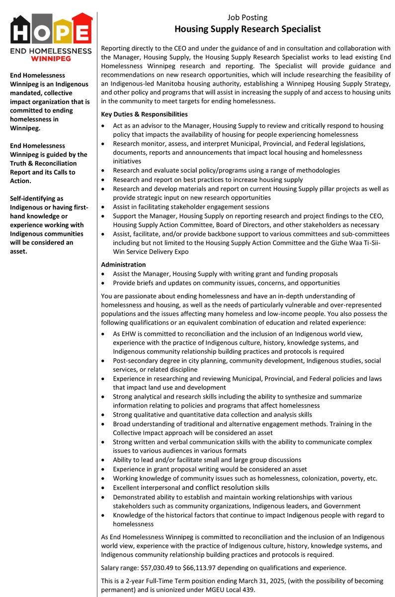 We are hiring a Housing Supply Research Specialist. Please follow the link to our website for full posting and application instructions. endhomelessnesswinnipeg.ca/careers/
Posting closes 3 p.m. Friday, May 5th, 2023 

#winnipegjobs #housingsupplyjobs #researchjob #endhomelessnesswinnipeg