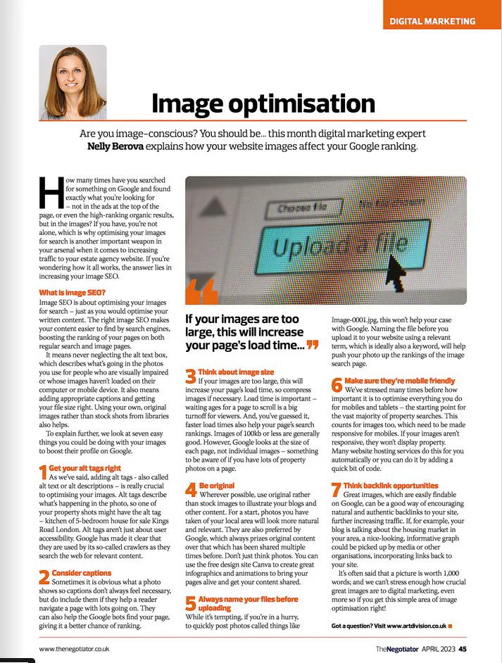 TheNeg's tweet photo. DIGITAL MARKETING BLOG: Are you image conscious? You should be! Marketing expert Nelly Berova explains how web images can affect your Google ranking. @nellyberova @artdivision #imageoptimisation #digitalmarketing #contentmarketing #estateagents #webdesign https://t.co/vaFQqODUOn https://t.co/zt8ej6dvfJ