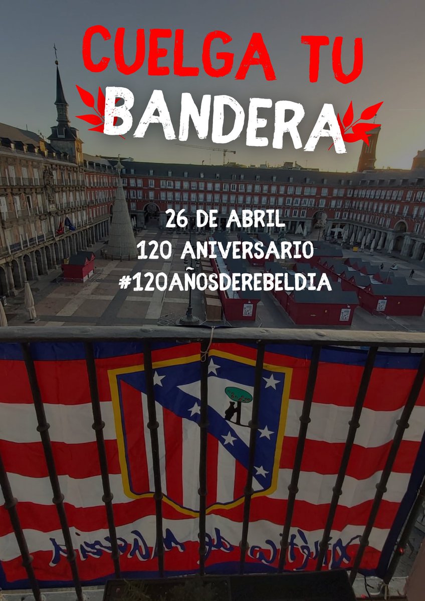 FA82Oficial's tweet photo. Cuelga tu bandera con nuestro escudo durante el día de mañana para celebrar nuestro 120 aniversario y compártela en #120AñosDeRebeldia. 

¡Llenemos España de Atlético de Madrid! https://t.co/6ypf17qtfc