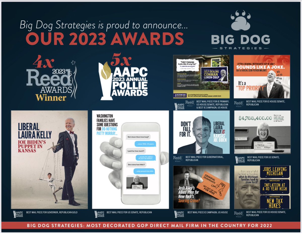 bd_strategies's tweet photo. π¨ Big Wins For Big Dog π¨
We are incredibly proud to announce that Big Dog is officially the most decorated Republican direct mail firm in the nation, winning 9 total #Reeds23 and @TheAAPC Pollie Awards.
Check out some of our award winning work β¬οΈ https://t.co/NIZWxhOcya