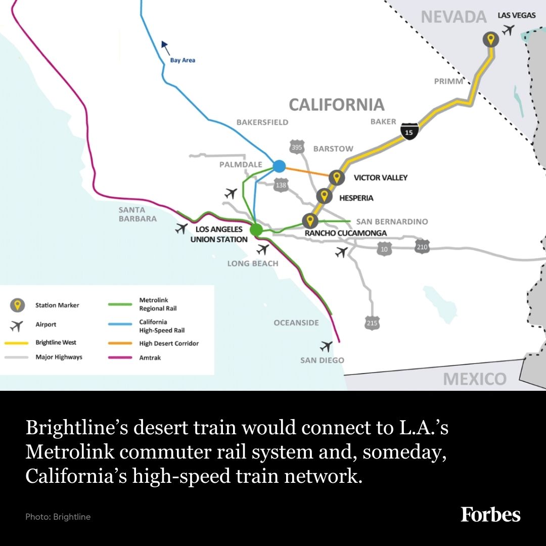 Forbes's tweet photo. The billionaire investor and sports team owner wants to get you from Los Angeles to Vegas in about two hours. And he’s building a $12 billion, 186 MPH train line powered by renewable energy to do it. https://t.co/IroMfiFj3Z https://t.co/OXJXHigKoz