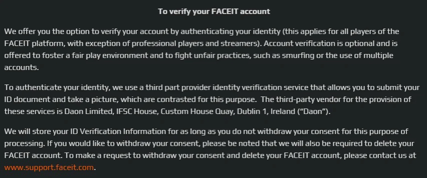 AntiCheatPD's tweet photo. Keep in mind that the details may change before release.

@FACEIT is adding an opt-in feature for players to verify an ID on their accounts and match them against each other. They use a vendor called @DaonInc to verify the IDs.

Got some reactions from some cheaters that use a DMA device on @FACEIT 

Whats your thoughts on this? 
Is this a good or bad idea? 
Would you like to see this opt-in feature for other games?