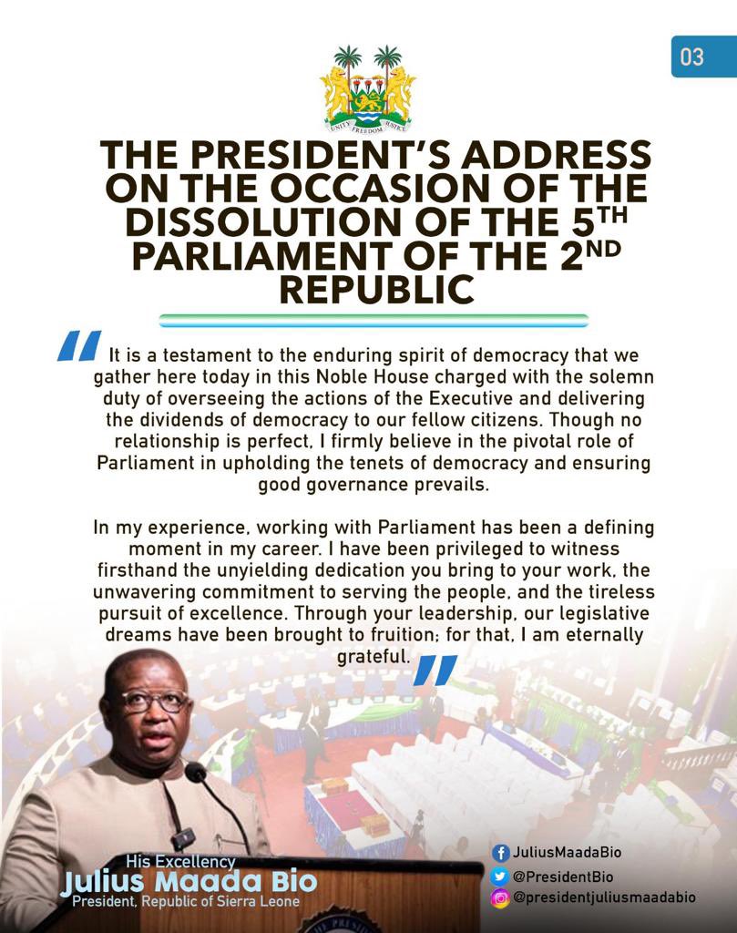 julius_maadabio's tweet photo. Excerpts of my Message on the Occasion of the Dissolution of the Fifth Parliament of the Second Republic of Sierra Leone: 25/04/2023
#TheNewDirectionAgenda
#SLPP4DEVELOPMENT
#5Done5MoreToGo https://t.co/Fh4vcsX0Hu
