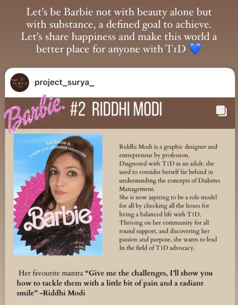 riddhimodi's tweet photo. Thank you @project_surya_ for featuring me on your #Barbie #Inspire series as a #T1Dadvocate I hope to make a difference in this world and touch many more lives to inspire them to live well with T1D 💙 #TogetherWeCan #nothingaboutuswithoutus #payitforward https://t.co/aKWXFD71LJ