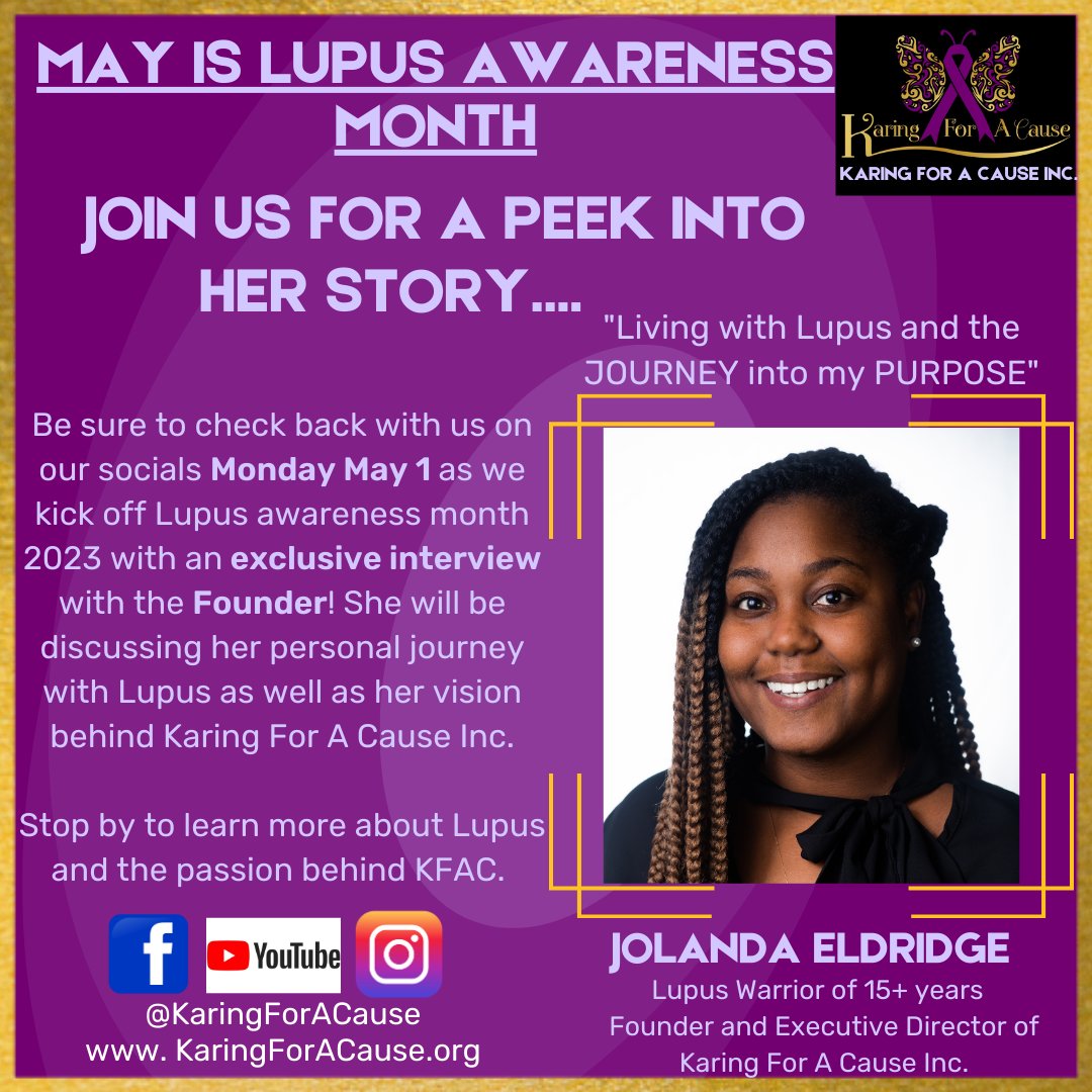 KaringForACause's tweet image. May is right around the corner and it's Lupus Awareness month! Come check out what KFAC has in store! 💜💜💜 #Lupus #LupusAwarenessMonth #ChronicIllness #HerStory #LupusWarrior #KFAC #KaringForACause #KFAC #Donate #Awareness #ChronicIllnessAwareness