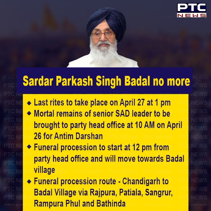 ptcnews's tweet photo. S Parkash Singh Badal demise | Last rites to take place on April 27 at 1 pm
#Mortalremains #SADleader #SADheadoffice #AntimDarshan #Funeralprocession #processionroute #Chandigarh #BadalVillage #ShiromaniAkaliDal #SAD #ParkashSinghBadal #ParkashBadal #ParkashBadalDeath https://t.co/21mFzXc8X6