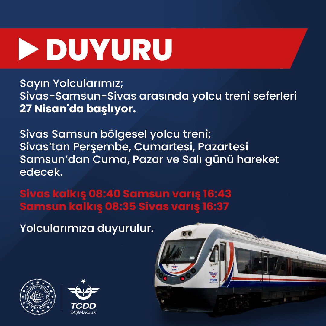 Sivas-Samsun-Sivas arası yolcu treni seferleri 27 Nisan'da başlıyor.
Sivas Samsun Bölgesel Yolcu Treni; 
📍Sivas'tan Perşembe, Cumartesi, Pazartesi 
📍Samsun'dan Cuma, Pazar ve Salı günü  
hareket edecek.

Sivas K: 08:40 ➡️Samsun V: 16:43
Samsun K:08:35 ➡️Sivas V: 16:37