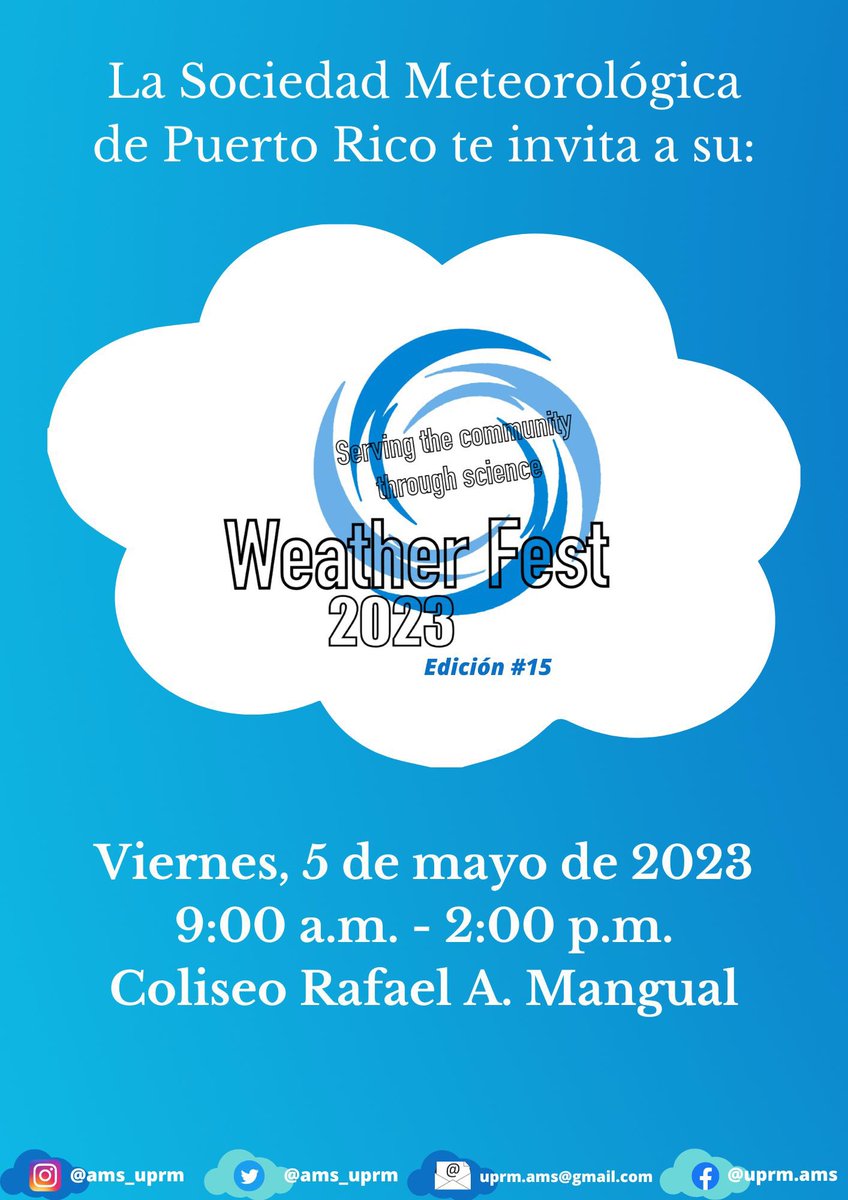El próximo, viernes 5 de mayo del 2023 se celebrará la edición #15 del Weather Fest. La actividad se estará celebrando en el Coliseo Rafael A. Mangual, de 9:00am a 2:00pm.

¡Esperamos verlos allí y sabemos que la disfrutarán al máximo!