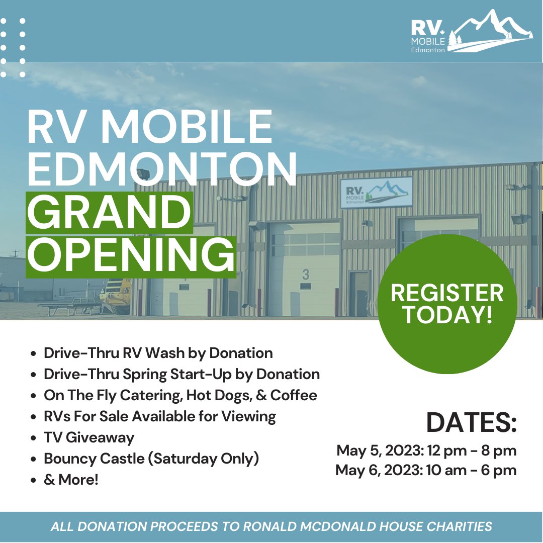 CanadianCamper_'s tweet photo. REMINDER: RV Mobile is hosting our Grand Opening on May 5, 2023 from 12 pm - 8 pm and May 6, 2023 from 10 am - 6 pm!
Please RSVP at https://t.co/glM2m65xHd so we know you're coming! We can't wait to see you!
#YEG #Edmonton #Alberta #Acheson #RVOwner #RVOwners https://t.co/R7dRcDRJRZ