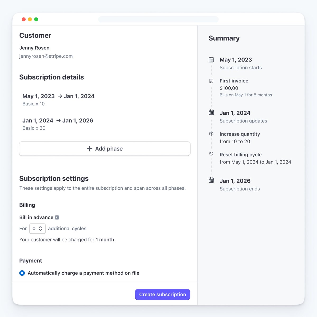 Subscription schedules
Automate upcoming changes to subscriptions from the API or Dashboard:
🔜 Start a subscription on a future date
↕️ Upgrade or downgrade
🔄 Update billing date

stripe.com/docs/billing/s…