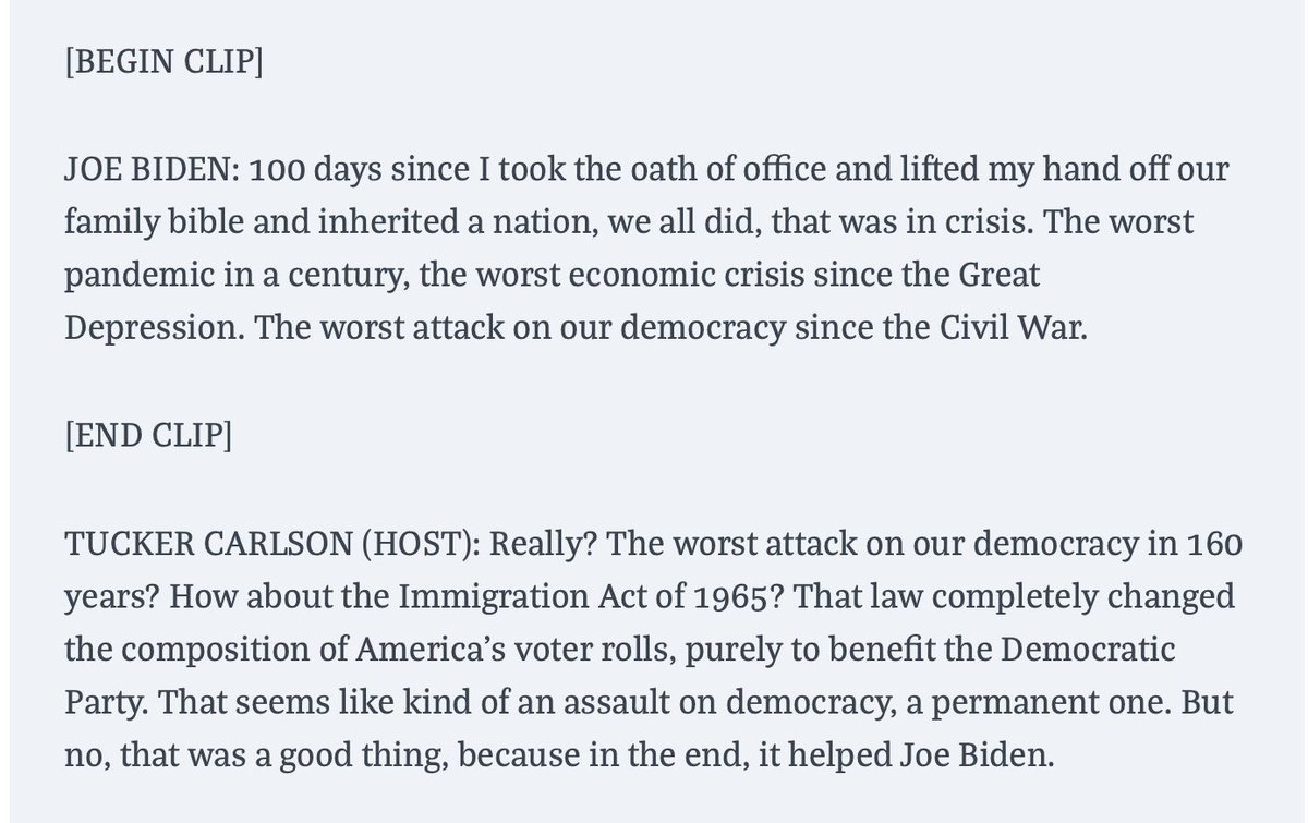 EricLevitz's tweet photo. Hmm. Do liberals despise Tucker because he sometimes bashes Wall Street? Or is it more about the fact that Carlson says that people who came here as a result of the 1965 Immigration Act have destroyed U.S. democracy by diluting the votes of real Americans? https://t.co/YAdVtnCdiO