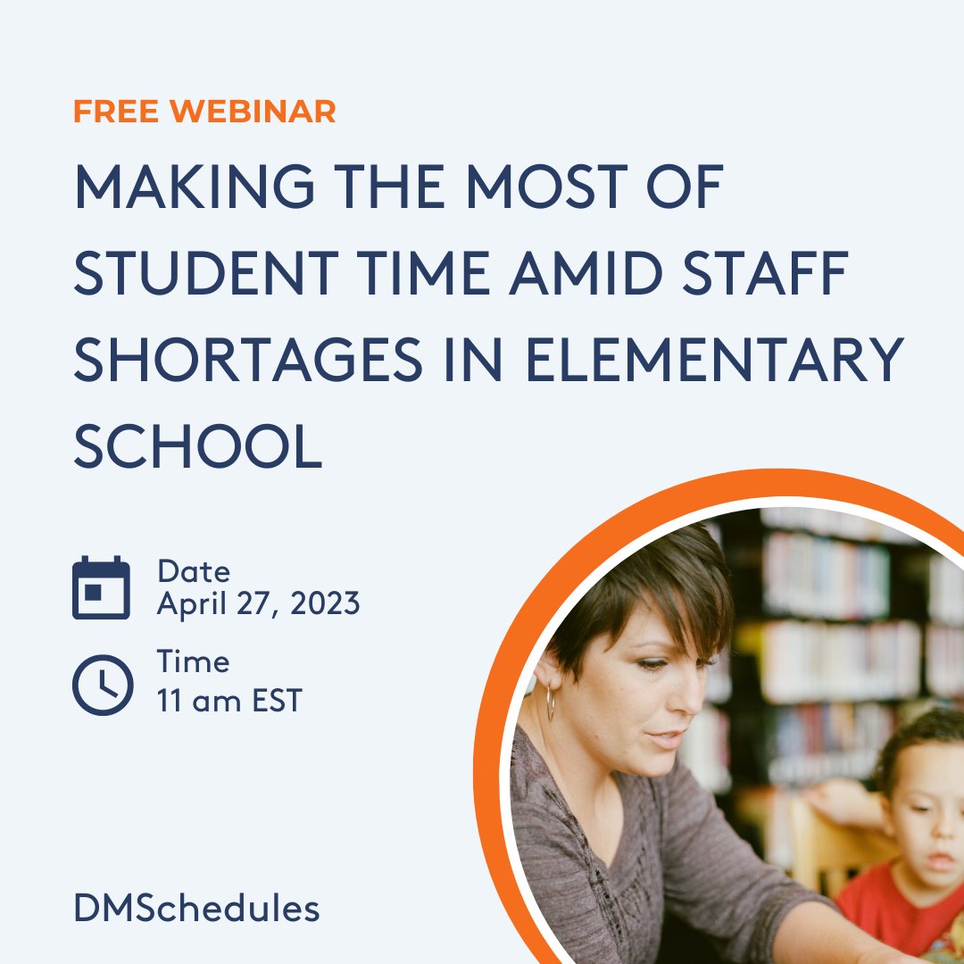 FREE WEBINAR on Making the Most of #Student Time Amid Staff Shortages in Elementary #Schools on Thurs, 04/27 at 11 am EST: hubs.ly/Q01MJplp0 Learn about specific #scheduling tactics that help maximize #staff time while addressing student needs.
#principal #scheduling