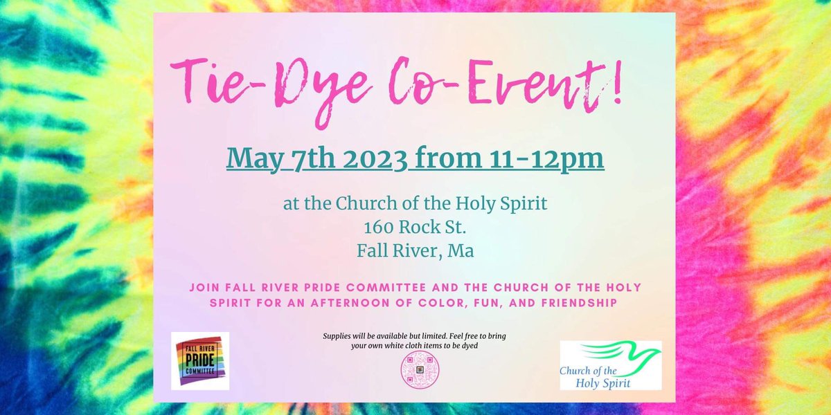 frprideco's tweet photo. Upcoming Event! 

Get your Tie-Dye on with our allies at the Church of the Holy Spirit Sunday, May 7th from 11-12pm!

All are also welcome to join Sunday Service that morning at 9:30am, followed by coffee and pastries. https://t.co/t7v7oc8KxU