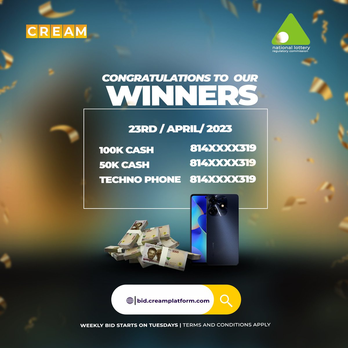 CreamBid's tweet photo. Congratulations to our cream bid winner🎉🎉 Did not win? No worries, another auction is live for you to try again. Visit https://t.co/nqFeM51mja
to place your bids🤩
#creambid #creamlottery #creamplatform https://t.co/3YwRT0Th5Z