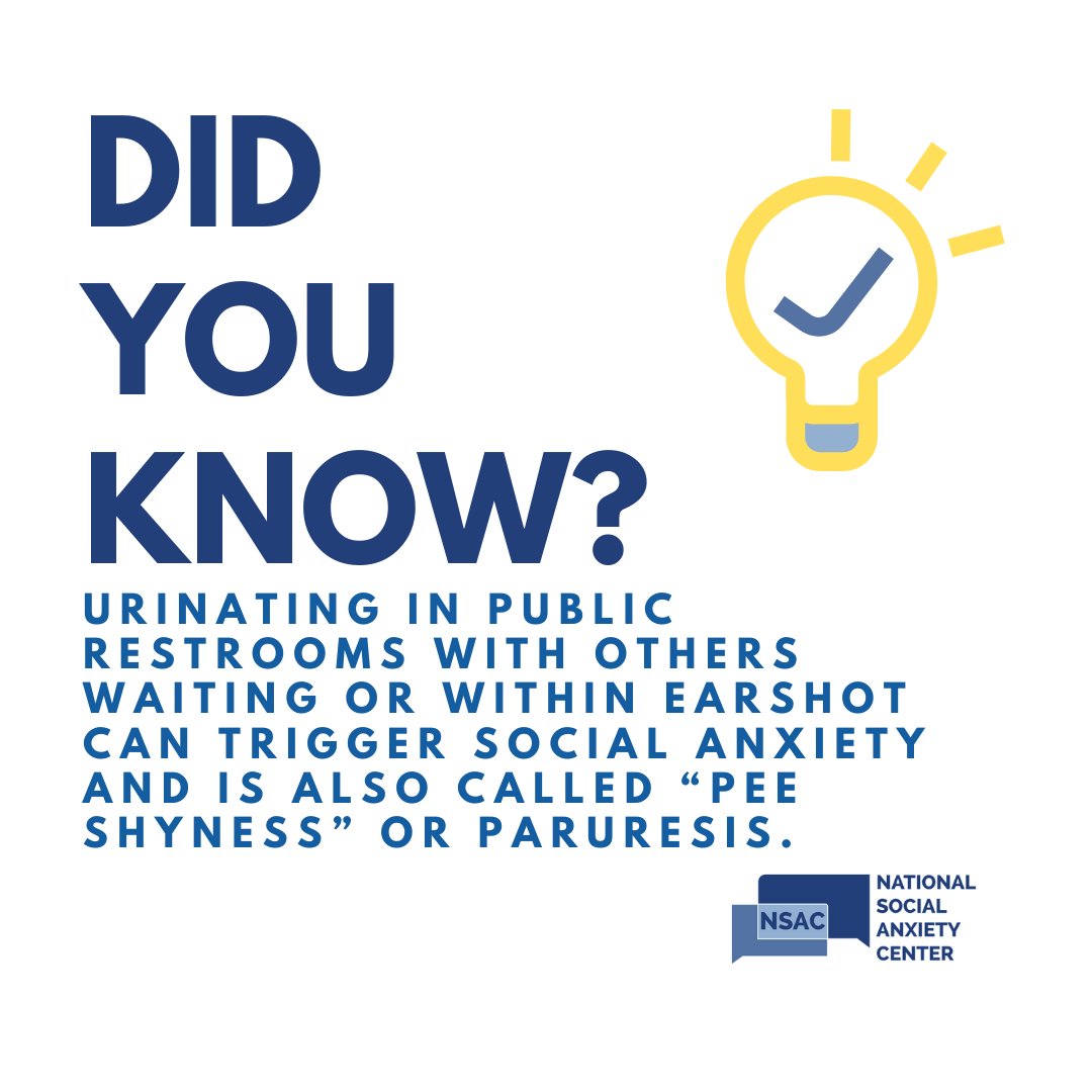 NSocialAnxietyC's tweet photo. Whether you call it #ShyBladder, #PeeShyness or #Paruresis does not change the fact that it is believed to be the second most common form of #socialanxiety.
To learn more click the link in our bio.
#nationalsocialanxietycenter
#nsac
#anxiety
#cbt https://t.co/Fy8yDIkw8Y