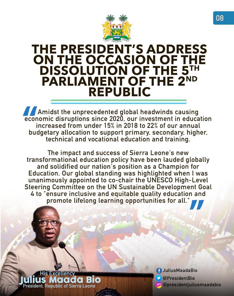 julius_maadabio's tweet photo. Excerpts of my Message on the Occasion of the Dissolution of the Fifth Parliament of the Second Republic of Sierra Leone: 25/04/2023
#TheNewDirectionAgenda
#SLPP4DEVELOPMENT
#5Done5MoreToGo https://t.co/D4Cckrdwcj
