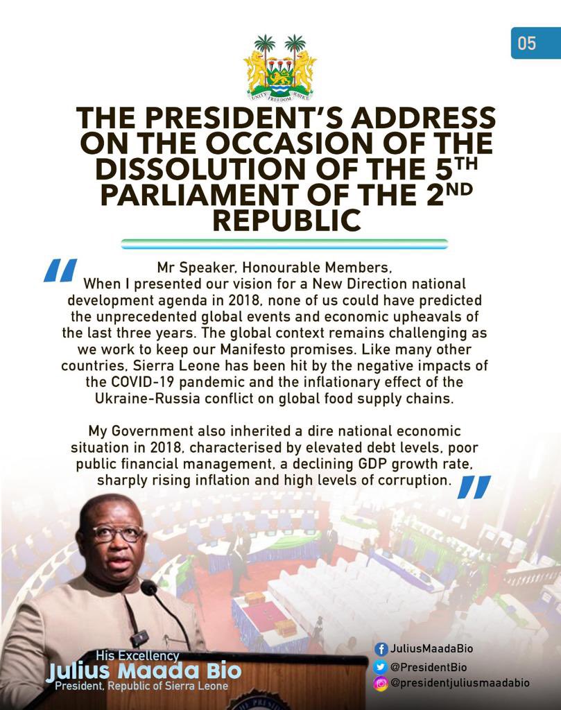 julius_maadabio's tweet photo. Excerpts of my Message on the Occasion of the Dissolution of the Fifth Parliament of the Second Republic of Sierra Leone: 25/04/2023
#TheNewDirectionAgenda
#SLPP4DEVELOPMENT
#5Done5MoreToGo https://t.co/D4Cckrdwcj