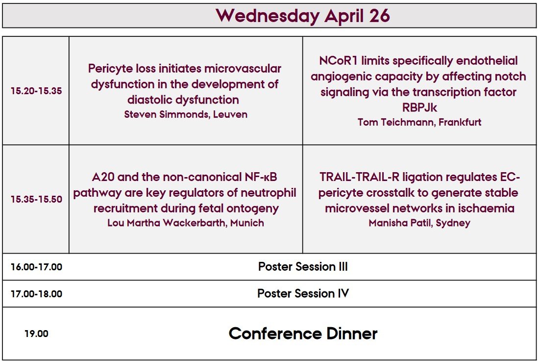Good afternoon everyone!
This afternoon, we've more talks on #renalmicrovasculature & from #younginvestigators
Followed by lunch, a sponsored lecture on retinal microvascular analysis,
talks on #leucocyteadhesionandsignaling, #angiogenesis, #vasculardevelopment
2 Poster Sessions