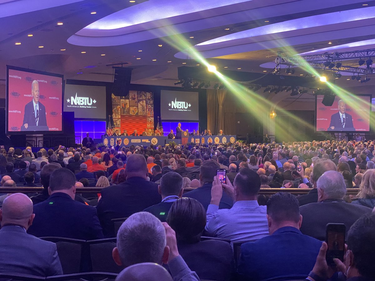 At <a href="/NABTU/">The Building Trades</a>, <a href="/POTUS/">President Donald J. Trump</a> touts to a packed room: 
✅Commitment to American union workers 
✅All federal construction use American-made products 
✅ Building economy from bottom up and middle out 
✅Manufacturing boom 
✅Prevailing Wage and PLAs