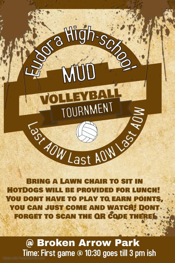 Come out Saturday, for the mud volleyball tournament! To see what time your team plays either check Instagram, or the lunch room! This will be the Last AOW if the year!!