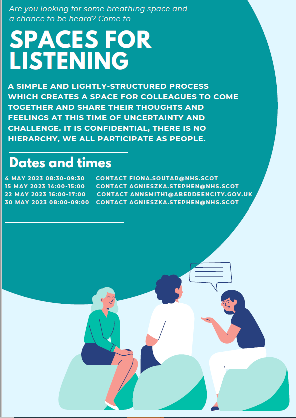 NHSGdevelopment's tweet photo. #SpacesForListening May dates are here now! Wouldn't it be wonderful to pause for an hour, be listened to with no judgement or requirement to act, and do the same for others. All very welcome! #SelfCareToCareForOthers @GrampianWeCare @NHSGrampian @DrGrays_Elgin @NHSGEqualities https://t.co/AEvQP2oNQ9