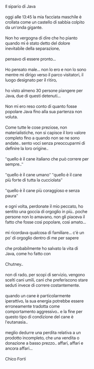 forti_chico's tweet image. Anche questo #25aprile #chicoforti è lontano dalla sua patria e dai suoi affetti. 
In questi giorni gli hanno anche tolto definitivamente il suo amato cane Java. Ci scrive le una lettera &quot;Il sipario di Java&quot; descrivendoci i suoi sentimenti.
Leggete qui sotto👇