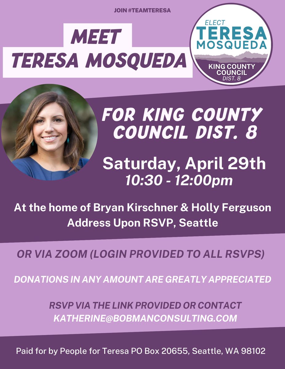 Tech4Recovery's tweet photo. This Saturday: meet &amp; greet with city of Seattle progressive revenue champion @TeresaCMosqueda 

Find out what's to come when we elect her to King County Council!

RSVP link: https://t.co/dsz6Yxi5Vx https://t.co/Rxc82TVK4O