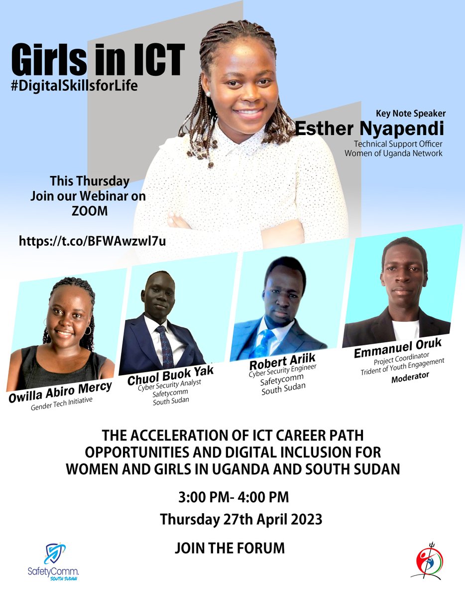 YouthTrident's tweet photo. Join us for #GirlsInICTDay in partnership with @SafetyComm_SS to discuss Digital Inclusion for Women &amp; Girls in Uganda &amp; South Sudan. This year's theme is #DigitalSkillsforLife  at 3:00-4:00PM EAT via ZOOM: https://t.co/BFWAwzwl7u 
#GirlsinICT #ICTs #DigitalTransformation @ITU https://t.co/Pskxc3SED2