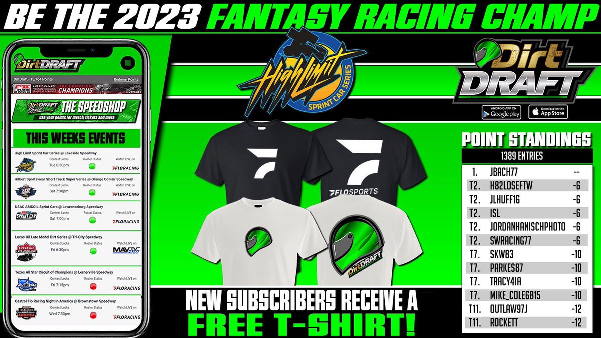 DirtDraft's tweet image. 🎲 @HighLimitRacing @34Raceway 🎲

Set your @DirtDraft lineup NOW for tonight’s #HighLimit event that is expecting a full field of #HighRollers 

New subscribers receive a free #DirtDraft or @FloRacing t-shirt!

DirtDraft.com 🏁