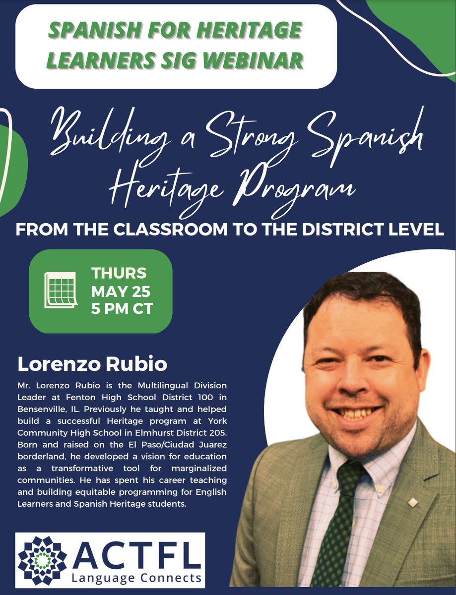 Profe Camacho (@lamaestrajackie) on Twitter photo No better person to guide your team in building a successful heritage program than <a href="/ProfeChiTejano/">Lorenzo Rubio</a>!
Are you a SIG member? If not, join in time for our spring webinar on May 25.
<a href="/profe_adan/">Marta Adán</a> <a href="/actfl/">ACTFL</a> #heritagelang #langchat No better person to guide your team in building a successful heritage program than <a href="/ProfeChiTejano/">Lorenzo Rubio</a>!
Are you a SIG member? If not, join in time for our spring webinar on May 25.
<a href="/profe_adan/">Marta Adán</a> <a href="/actfl/">ACTFL</a> #heritagelang #langchat