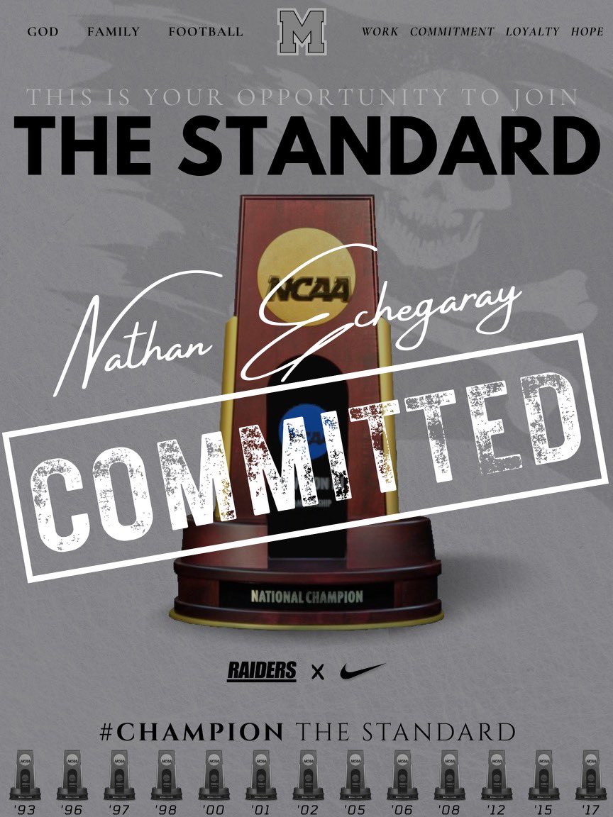 Nathan Echegaray (@nathanechegaray) on Twitter photo I am super excited to announce that I am committing to Mount Union!!! Thank you to all the coaches who have helped me out on this journey and can’t wait for the future!!!
<a href="/EvanYabu/">Evan Yabu</a> <a href="/TOHSAthletics/">TOHS Athletics</a> <a href="/CoachKyleMiller/">Kyle Miller</a> <a href="/CoachGeoffDartt/">Geoff Dartt</a> <a href="/purpleraiders/">Mount Union Purple Raiders</a> I am super excited to announce that I am committing to Mount Union!!! Thank you to all the coaches who have helped me out on this journey and can’t wait for the future!!!
<a href="/EvanYabu/">Evan Yabu</a> <a href="/TOHSAthletics/">TOHS Athletics</a> <a href="/CoachKyleMiller/">Kyle Miller</a> <a href="/CoachGeoffDartt/">Geoff Dartt</a> <a href="/purpleraiders/">Mount Union Purple Raiders</a>