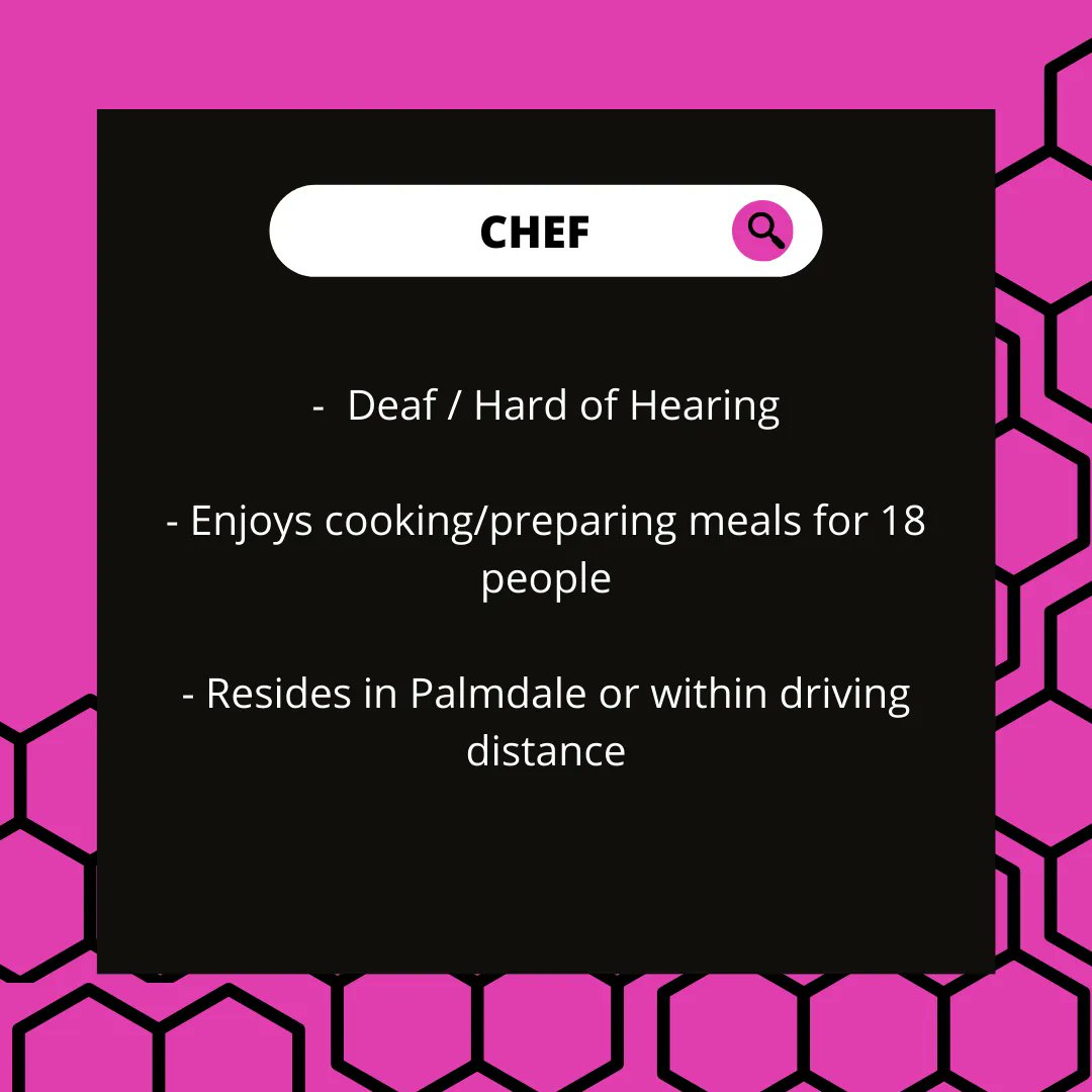 linguabee's tweet photo. We are looking to hire a Deaf chef who enjoys cooking/preparing meals for 18 people in Palmdale, California for our retreat from June 18 - June 25, 2023. 

Please DM/email us pictures of your signature dishes or reach out with your interest by April 29th! Feel free to reach out! https://t.co/lerPMbPcdU