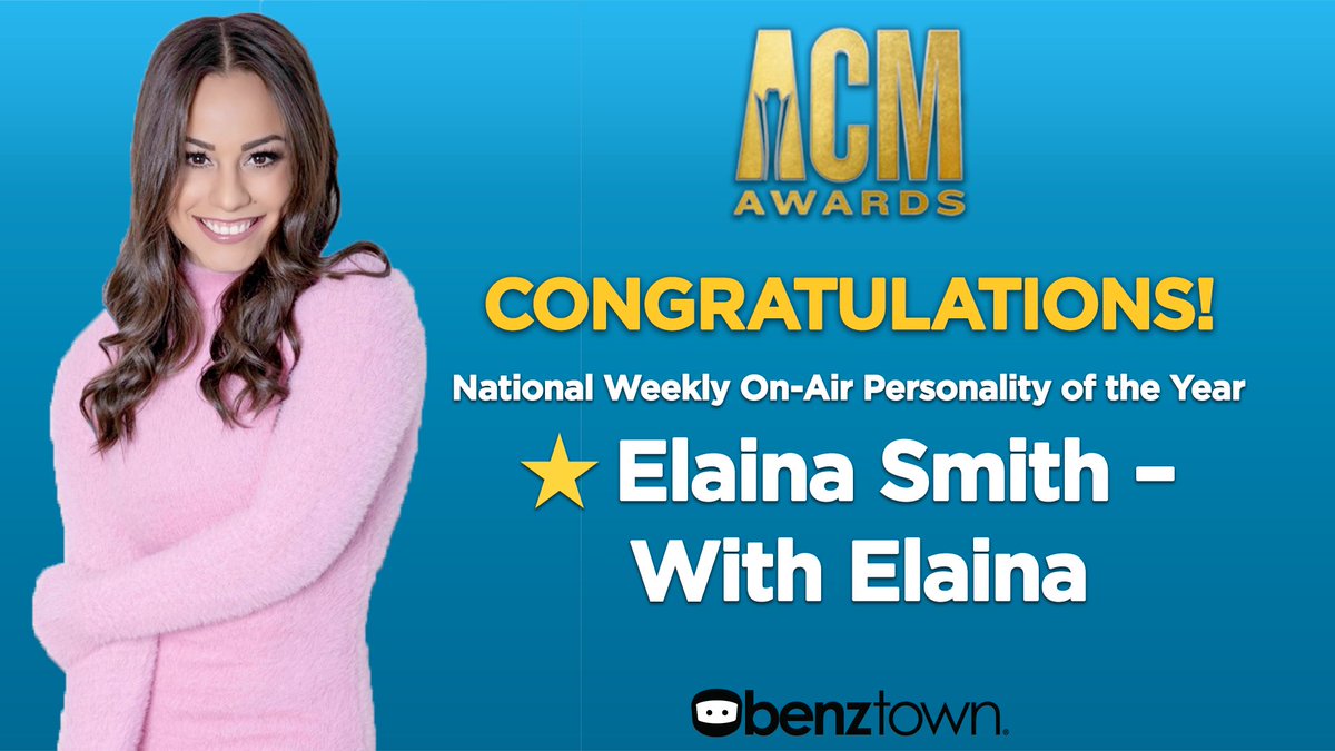 Congratulations to <a href="/elainadsmith/">Elaina Doré Smith</a> on Weekly On-Air Personality of the Year at the ACM Awards 🏆🎉
Huge props to you, <a href="/JackieStevens/">Jackie Stevens</a>, and the rest of our partners on the <a href="/WithElaina/">Nights With Elaina 📻</a> team!