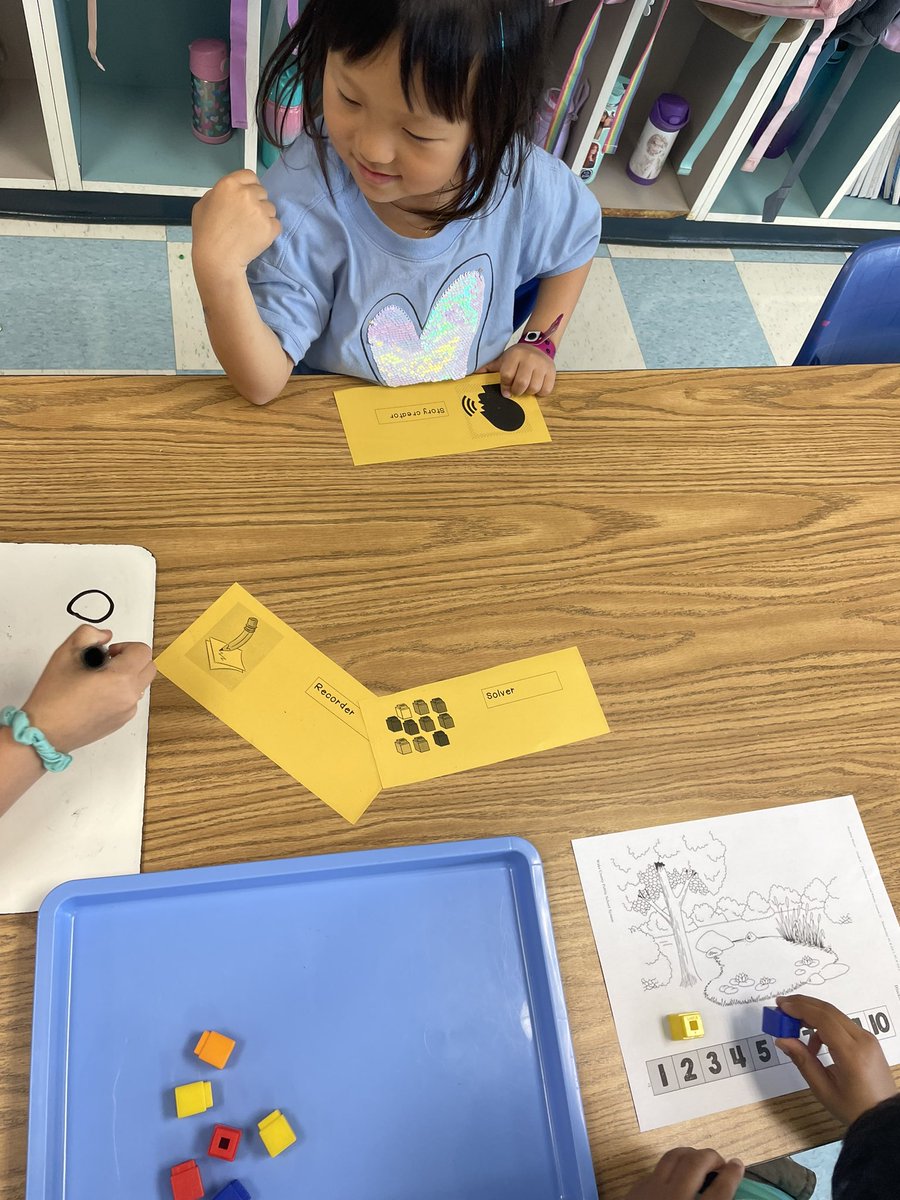 MissHKinder's tweet photo. Students are using teamwork to create, solve, and record story problems, taking turns with different roles! https://t.co/81RZhm7kFf
