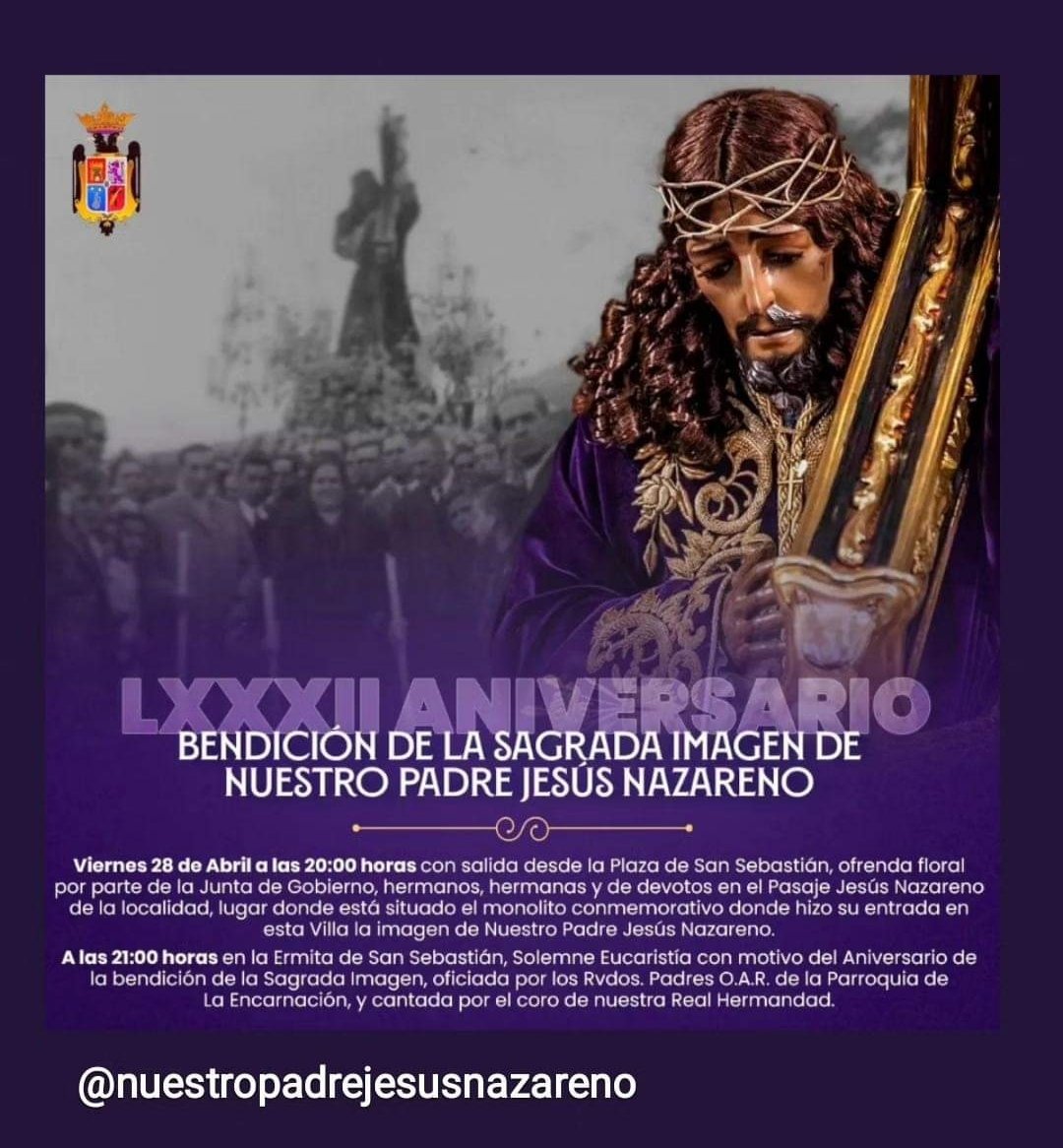 Boinas_Negras's tweet photo. 𝗟𝗫𝗫𝗫𝗜𝗜 𝗔𝗻𝗶𝘃𝗲𝗿𝘀𝗮𝗿𝗶𝗼 𝗱𝗲 𝗹𝗮 𝗕𝗲𝗻𝗱𝗶𝗰𝗶𝗼́𝗻 𝗱𝗲 𝗡𝘂𝗲𝘀𝘁𝗿𝗼 𝗣𝗮𝗱𝗿𝗲 𝗝𝗲𝘀𝘂́𝘀 𝗡𝗮𝘇𝗮𝗿𝗲𝗻𝗼
El próximo viernes 28 de abril, nuestra Real Hermandad celebra el LXXXII Aniversario de la bendición y llegada de Nuestro Padre Jesús Nazareno a Alhaurín https://t.co/xhLb30iZQH