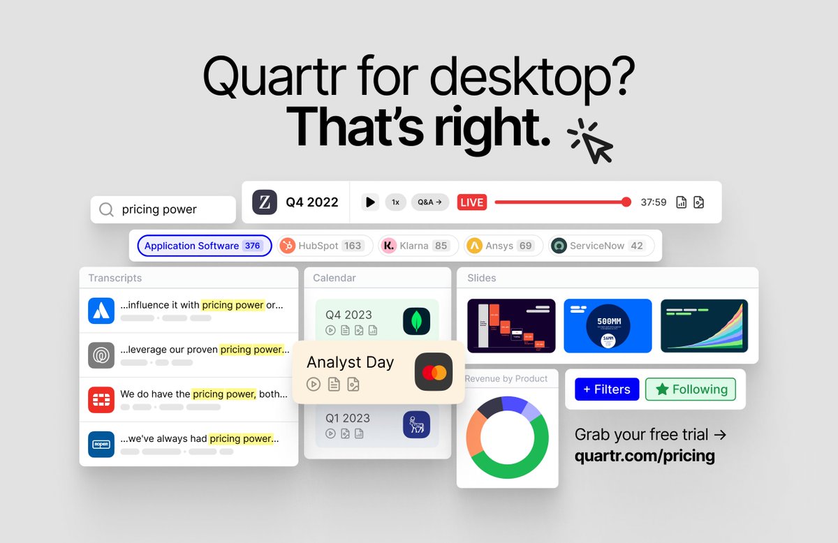 Since launching our Mobile App, we have been bombarded with requests for a desktop version.

We wanted to create the perfect mobile experience for you first, but today are very excited to announce the global launch of Quartr Web App!

Grab your free trial in the link below 👇