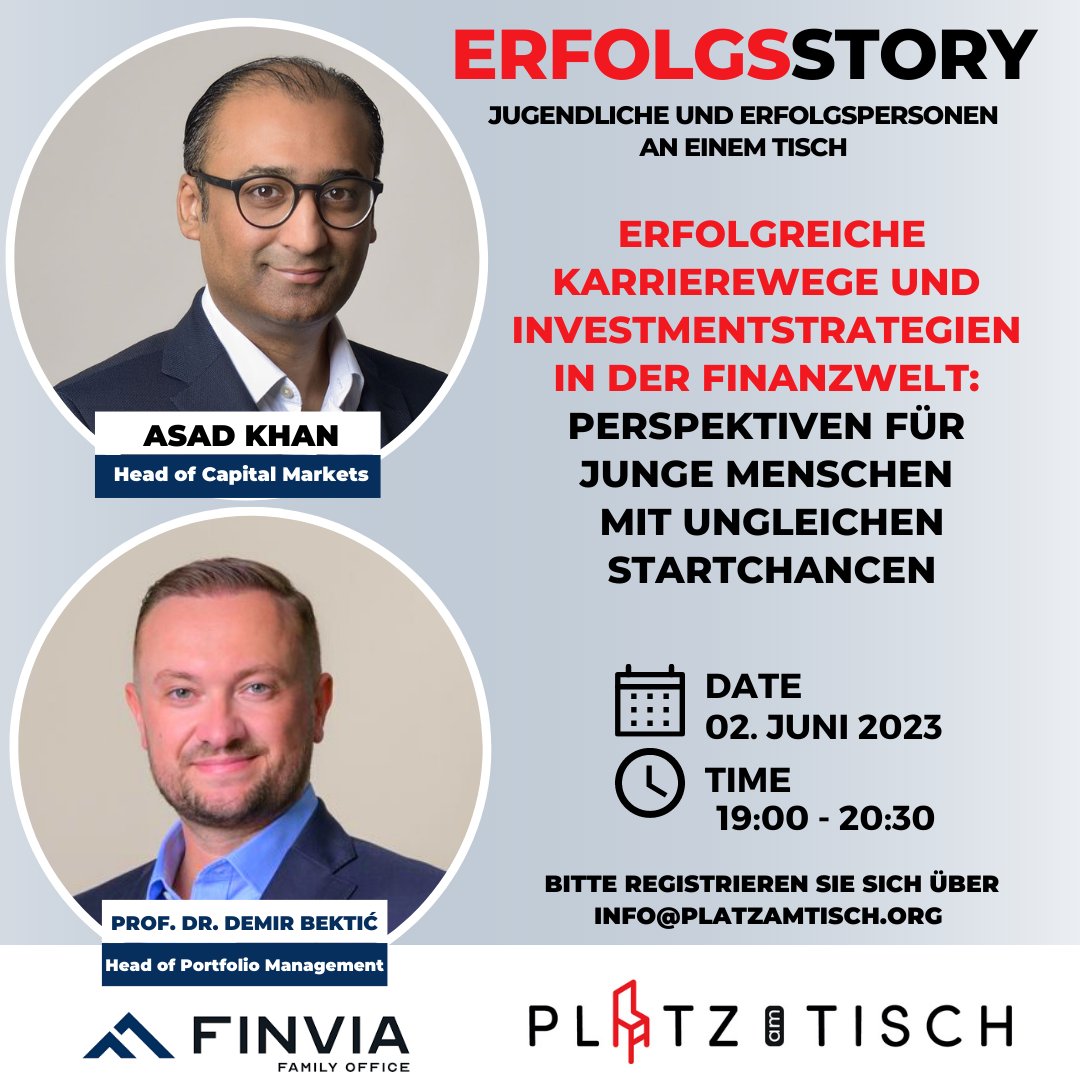 platzamtisch's tweet photo. 📢 VIRTUELLE VERANSTALTUNG | ASAD KHAN  &amp; PROF. DR. DEMIR BEKTIĆ

THEMA: ERFOLGREICHE KARRIEREWEGE UND INVESTMENTSTRATEGIEN IN DER FINANZWELT: PERSPEKTIVEN FÜR JUNGE MENSCHEN MIT UNGLEICHEN STARTCHANCEN

📆 02. JUNI 2023 | 19:00 - 20:30
®️Anmelden: https://t.co/Ebzn7U3i1g

#PaT https://t.co/jzfYiyaxKk