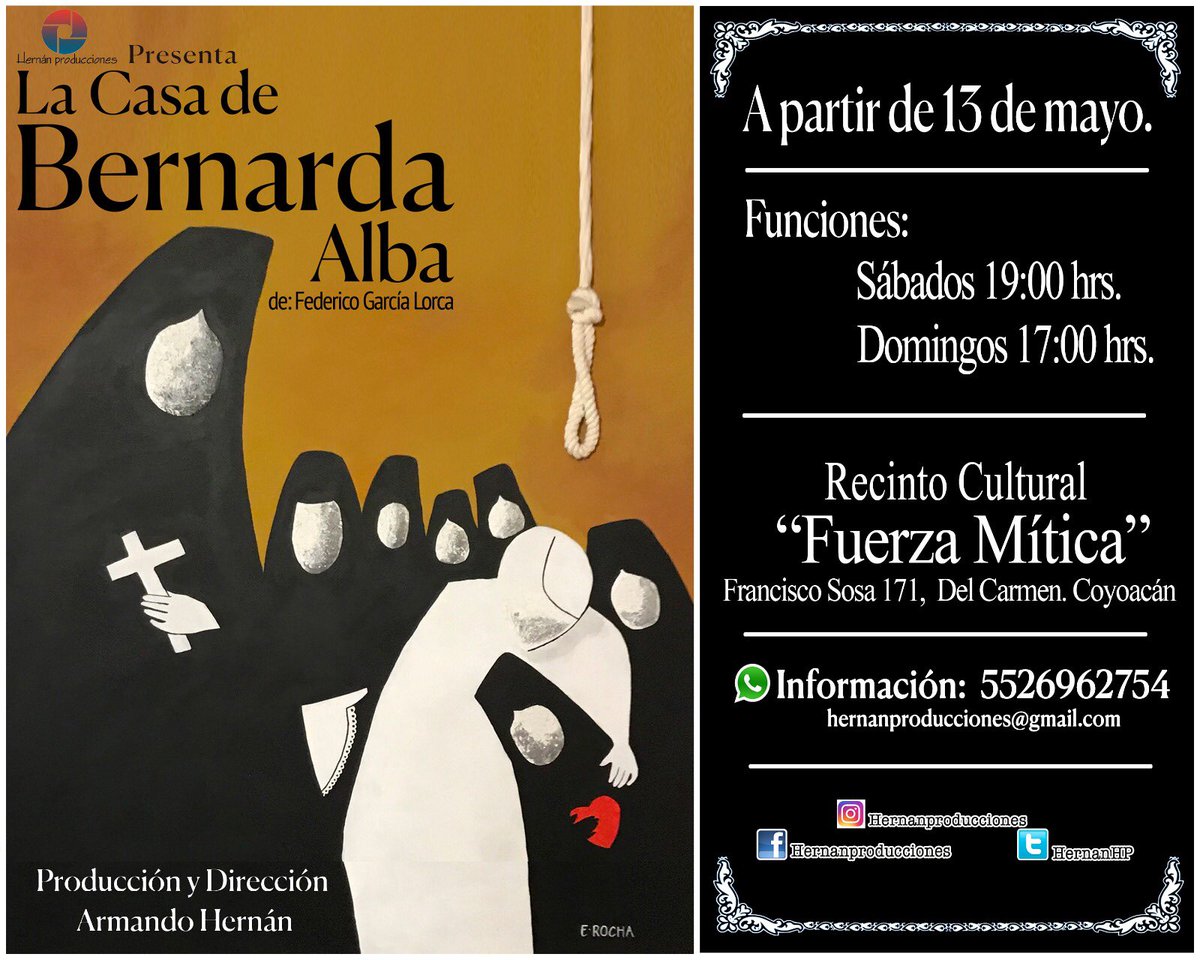 Querido publico, amigos y seguidores, iniciamos temporada!de la “La casa de Bernarda Alba” de Federico García Lorca, en el recinto cultural “Fuerza Mítica”
Informes y WhatsApp al 5526962754 
<a href="/culturacoyoacan/">Cultura Coyoacán</a> <a href="/centrodecoyo/">Centro de Coyoacán</a> <a href="/vecinosVillaCoy/">Villa Coyoacan</a> <a href="/coyoacantips/">Coyoacan Tips La Guia</a> <a href="/Narvarte_/">Narvarte</a> <a href="/La_Portales/">Colonia Portales</a>