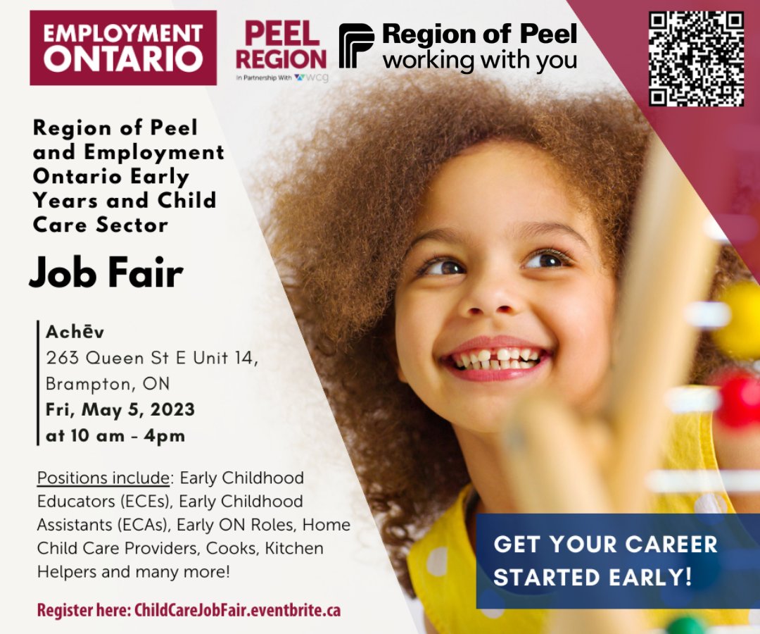 CDRCP's tweet photo. Peel Region, in partnership with Employment Ontario, is hosting an in-person job fair on Friday, May 5th from 10:00 a.m. to 4:00 p.m. Click https://t.co/0cXMh65M4M for more information on how you can connect with potential candidates!

#jobfair #earlyyears #earlyon #resources https://t.co/OyA1VVNJS2