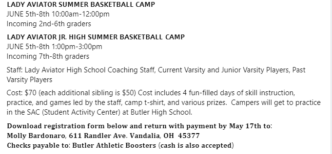 𝗟𝗔𝗗𝗬 𝗔𝗩𝗜𝗔𝗧𝗢𝗥 𝗦𝗨𝗠𝗠𝗘𝗥 𝗕𝗔𝗦𝗞𝗘𝗧𝗕𝗔𝗟𝗟 𝗖𝗔𝗠𝗣
June 5th-8th, 2023
 
𝟐𝐧𝐝-𝟔𝐭𝐡 𝐆𝐫𝐚𝐝𝐞𝐬:
docs.google.com/document/d/1o3…

𝟕𝐭𝐡-𝟖𝐭𝐡 𝐆𝐫𝐚𝐝𝐞𝐬: 
docs.google.com/document/d/13q…