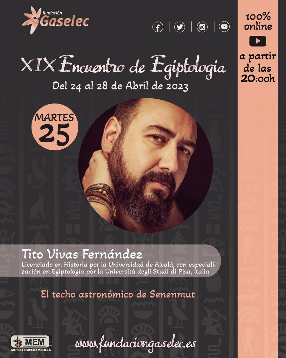 A las 20:00, no os perdáis la charla del historiador y egiptólogo <a href="/TitoVivas_SH/">Tito Vivas</a> en el XIX Encuentro de Egiptología de <a href="/FundacioGaselec/">Fundación Gaselec</a>: "El techo astronómico de Senenmut" 

Podéis seguirla en directo aquí 👇

youtube.com/watch?v=iFF1Fi…