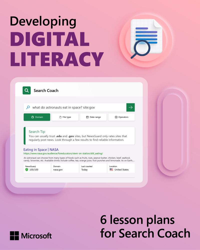 Want easy ways to help your students build digital literacy skills? Check out these 6 free lesson plans for Search Coach in #MicrosoftTeams that cover a variety of topics your learners can apply to search engines like Bing & Google. 🔗 msft.it/6048gOsKo #MIEExpert