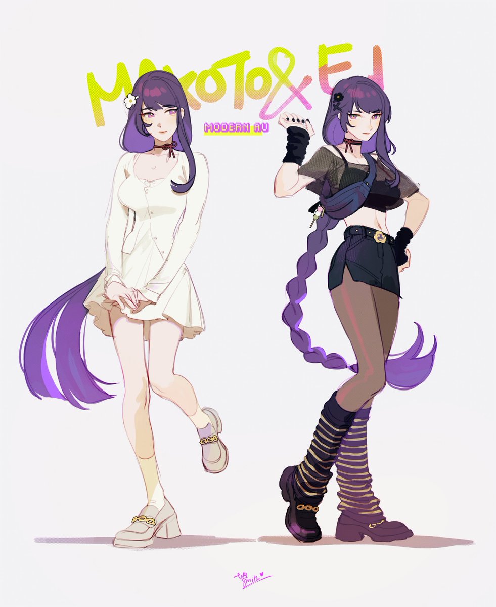 EvaBeeSmith's tweet photo. a design exercise using Makoto and Ei 💜🤍 I'm pretty happy with Ei's although I think I could've pushed for more accessories to give extra personality but I'm not too happy with Makoto's. Though overall I'm happy with the colors I went for. https://t.co/nP3mhIUrij