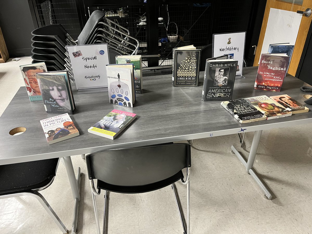 All set up for book browsing! Mrs. Lucia’s class is going to be prepping to write college essays by reading memoirs, and get to browse a wide variety of options! #cultureofreading